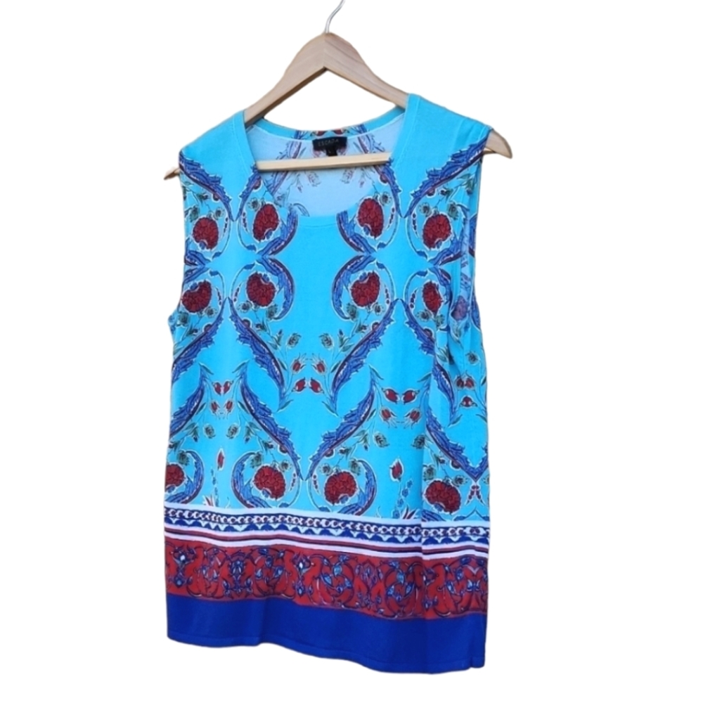 ESCADA Majorca Fantasy Floral Sleeveless Blouse L Silk Blend Resort Luxury Top - Picture 7 of 16
